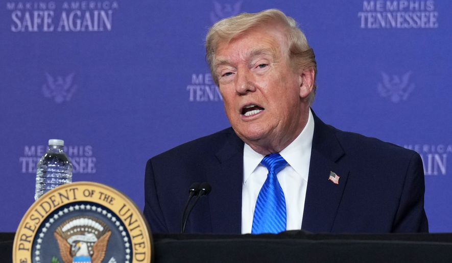President Donald Trump participates in a roundtable discussion on public safety at a Tennessee Air National Guard Base, Monday, March 23, 2026, in Memphis, Tenn. (AP Photo/Mark Schiefelbein)