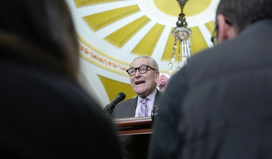 Senate Minority Leader Chuck Schumer, D-N.Y., speaks during a news conference after a policy luncheon on Capitol Hill, Tuesday, March 24, 2026, in Washington. (AP Photo/Mariam Zuhaib)