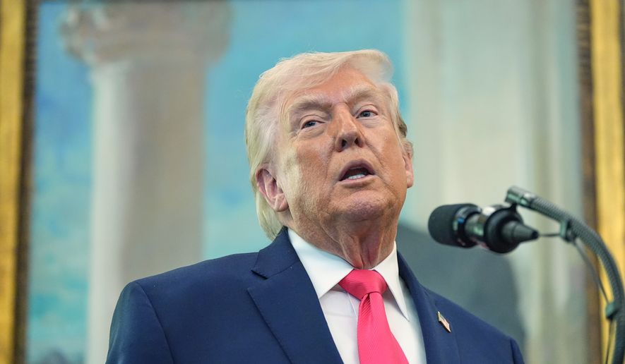 President Donald Trump speaks during the swearing in for Homeland Security Secretary Markwayne Mullin in the Oval Office of the White House, Tuesday, March 24, 2026, in Washington. (AP Photo/Alex Brandon)