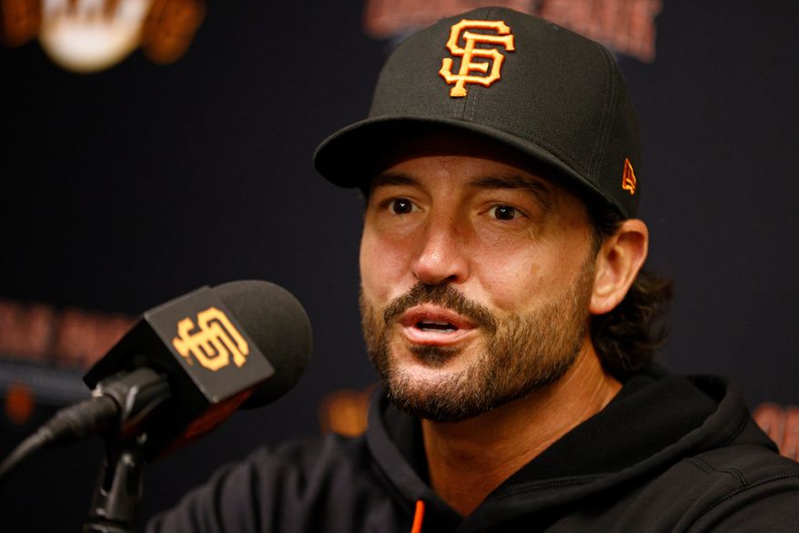 San Francisco Giants manager Tony Vitello during a news conference ahead of MLB Opening Night game against the New York Yankees at Oracle Park in San Francisco, Wednesday, March 25, 2026. (Santiago Mejia/San Francisco Chronicle via AP)