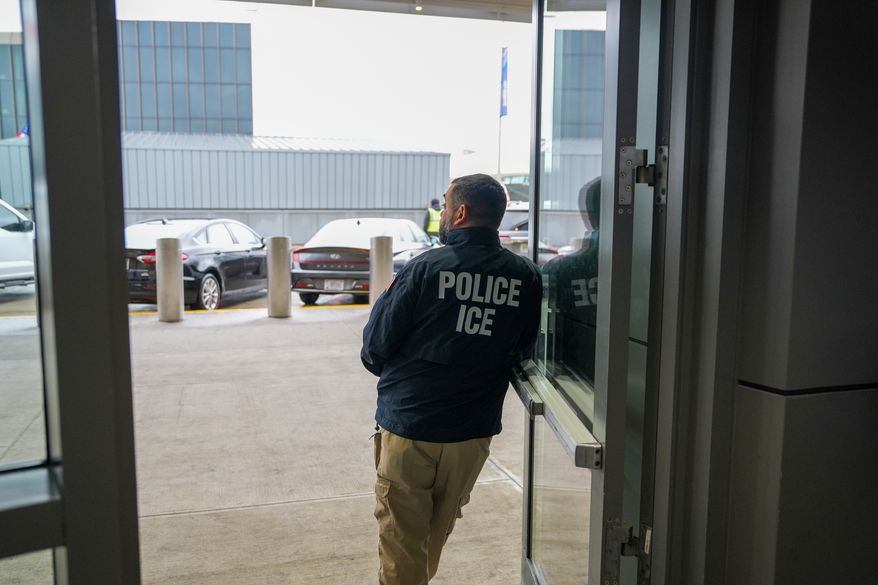 A U.S. Immigration and Customs Enforcement (ICE) agent stands at John F. Kennedy International Airport (JFK) in the Queens borough of New York on Monday, March 23, 2026. (AP Photo/Ryan Murphy) **FILE**