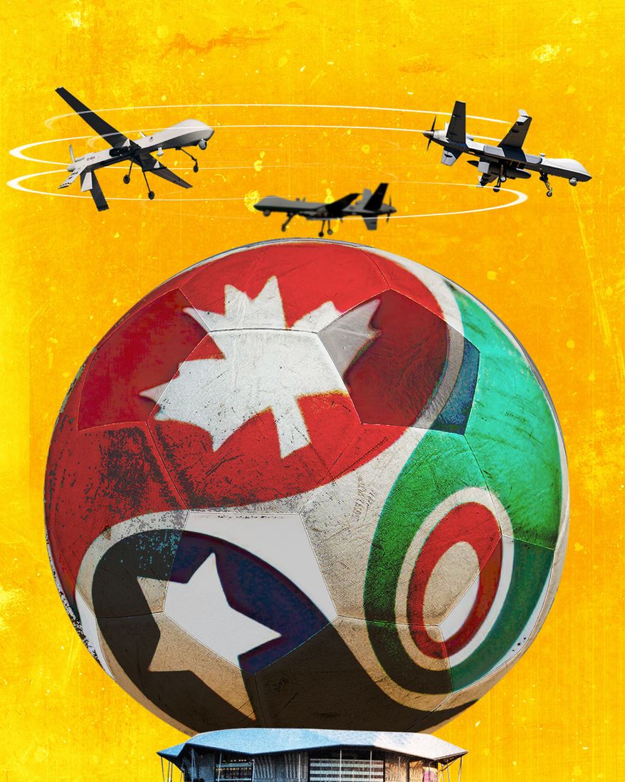 World Cup and drones illustration by Linas Garsys / The Washington Times
