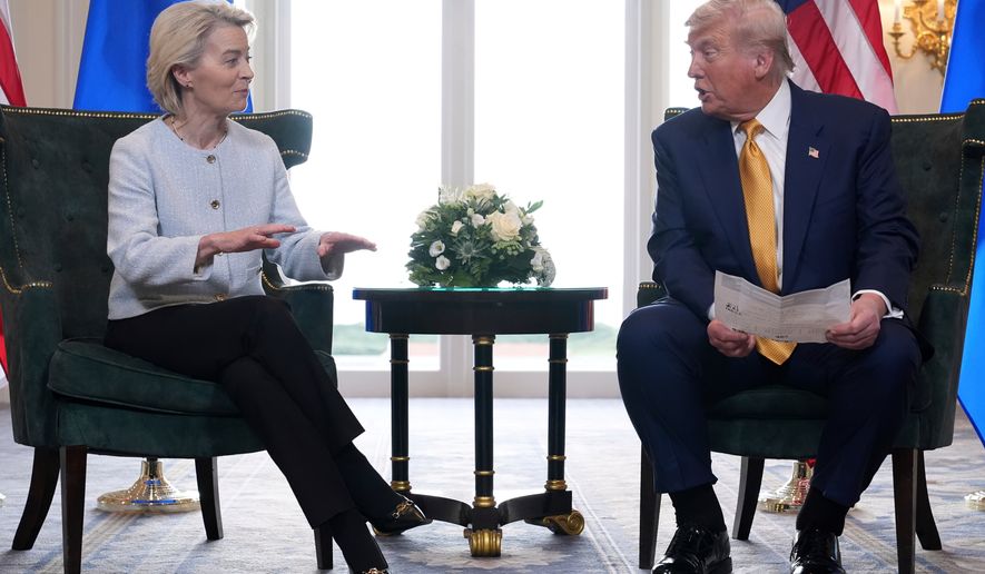 President Donald Trump and European Commission President Ursula von der Leyen talk after reaching a trade deal at the Trump Turnberry golf course in Turnberry, Scotland Sunday, July 27, 2025. (AP Photo/Jacquelyn Martin, File)