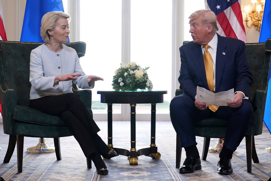President Donald Trump and European Commission President Ursula von der Leyen talk after reaching a trade deal at the Trump Turnberry golf course in Turnberry, Scotland Sunday, July 27, 2025. (AP Photo/Jacquelyn Martin, File)