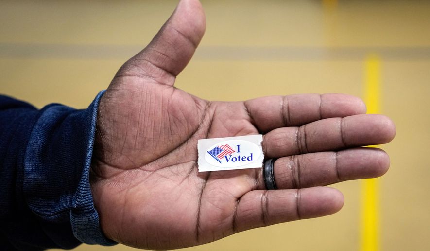 Sasha Dix holds his, "I voted," sticker after voting at T.C. Roberson High School on Election Day, Nov. 5, 2024, in Asheville, N.C. (AP Photo/Kathy Kmonicek, File)