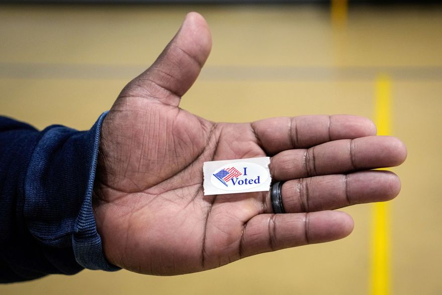 Sasha Dix holds his, "I voted," sticker after voting at T.C. Roberson High School on Election Day, Nov. 5, 2024, in Asheville, N.C. (AP Photo/Kathy Kmonicek, File)