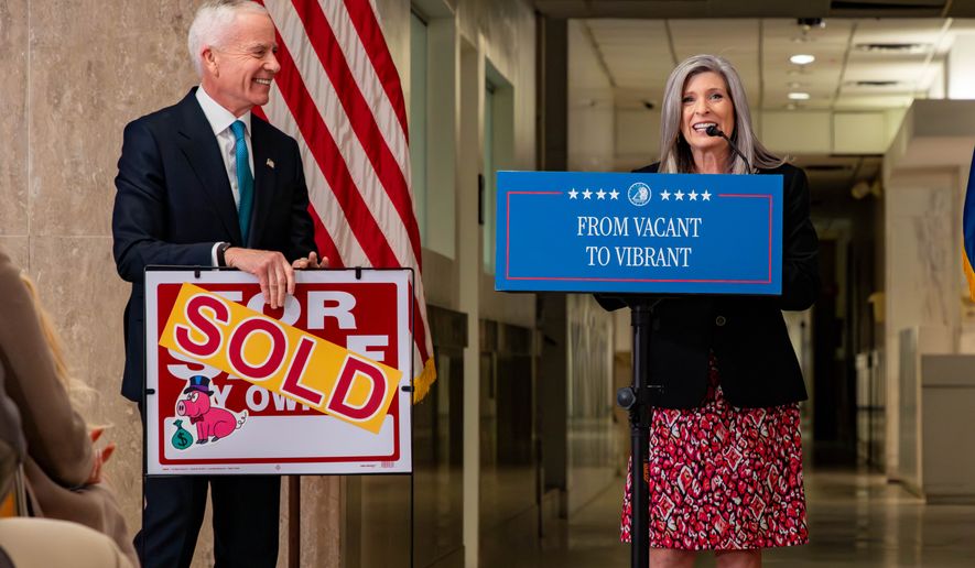 General Services Administration Administrator Ed Forst and Sen. Joni Ernst, Iowa Republican, announce at a press conference that a private developer will purchase the GSA Regional Office Building in Southwest Washington for $24.26 million on Wednesday, March 25, 2026. It's the first federal building sold under the second Trump administration’s downsizing efforts. (Photo provided by Ms. Ernst's office)
