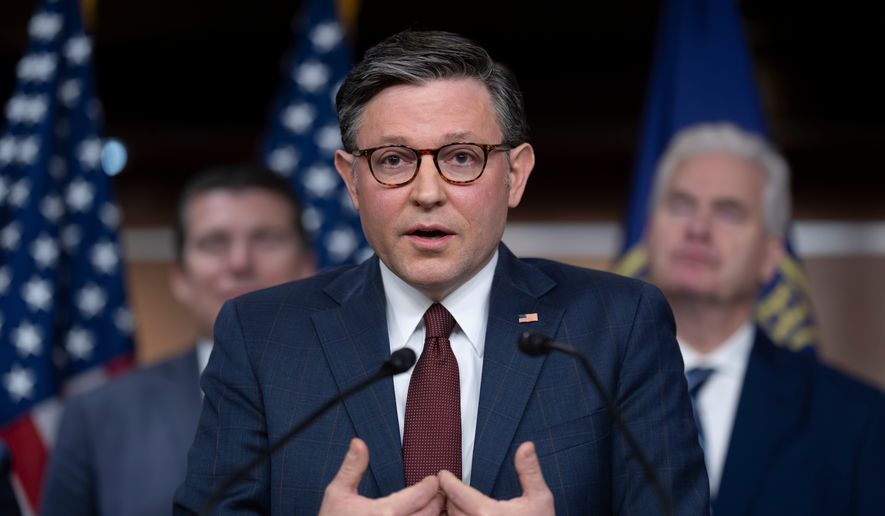 Speaker of the House Mike Johnson, R-La., speaks during as news conference at the Capitol in Washington, Wednesday, March 25, 2026. (AP Photo/J. Scott Applewhite)