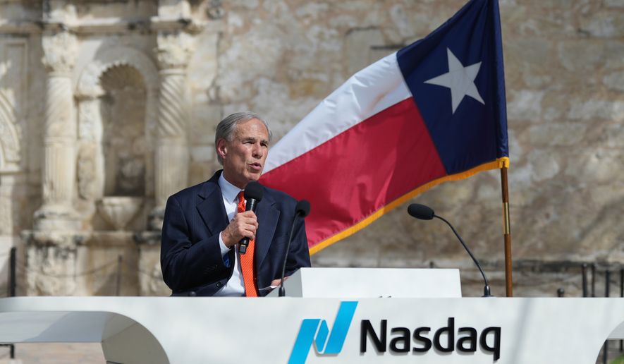 Texas Gov. Greg Abbott speaks during a Nasdaq closing bell ceremony at the Alamo, Thursday, March 5, 2026, in San Antonio. (AP Photo/Eric Gay) ** FILE **