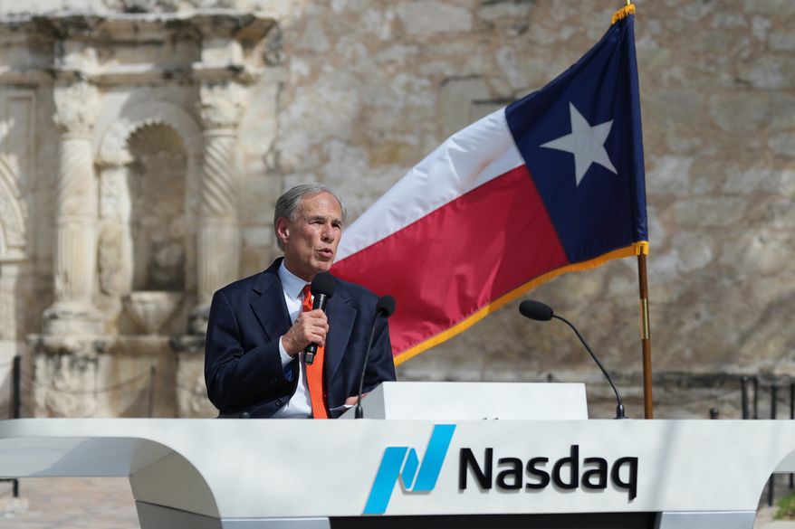 Texas Gov. Greg Abbott speaks during a Nasdaq closing bell ceremony at the Alamo, Thursday, March 5, 2026, in San Antonio. (AP Photo/Eric Gay) ** FILE **