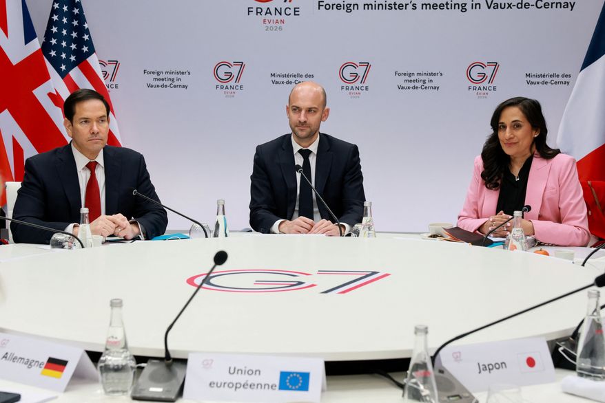 From left: U.S. Secretary of State Marco Rubio, France's Minister for Europe and Foreign Affairs Jean-Noel Barrot and Canada's Foreign Minister Anita Anand attend a working session on the second day of the G7 Foreign Ministers' Meeting in Cernay-la-Ville near Paris, March 27, 2026. (Stephanie Lecocq/Pool Photo via AP)