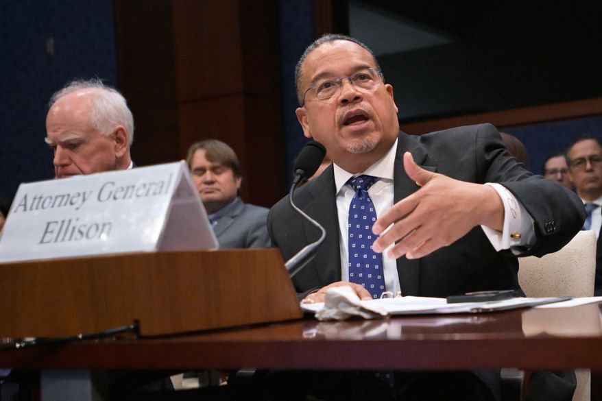 Minnesota Attorney General Keith Ellison, listens during a House Committee on Oversight and Government Reform hearing on oversight of fraud and misuse of Federal funds in Minnesota, Wed., March 4, 2026, on Capitol Hill in Washington. Seated left is Gov. Tim Walz, D-Minn. (AP Photo/Rod Lamkey Jr.) **FILE**
