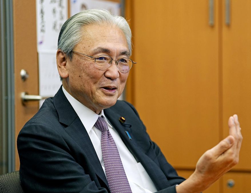 Japanese lawmaker Keiji Furuya is interviewed at the parliament in Tokyo, on March 18, 2026. (Ren Onuma/Kyodo News via AP)