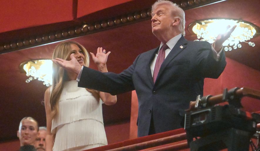 President Donald Trump and first lady Melania Trump arrive to attend the opening nights of the musical "Chicago" at the John F. Kennedy Center for the Performing Arts in Washington, Tuesday, March 31, 2026. (AP Photo/Rod Lamkey, Jr.)