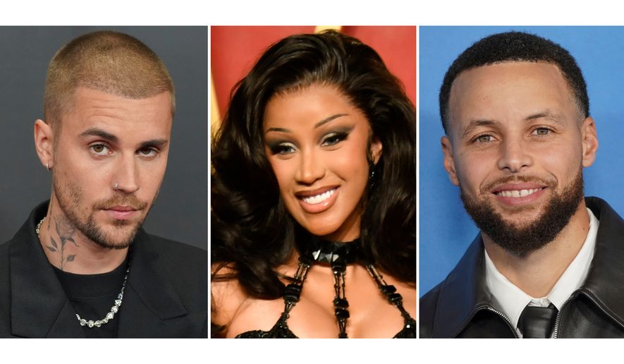 This combination of images shows Justin Bieber, from left, Cardi B, and Stephen Curry. (AP Photo)