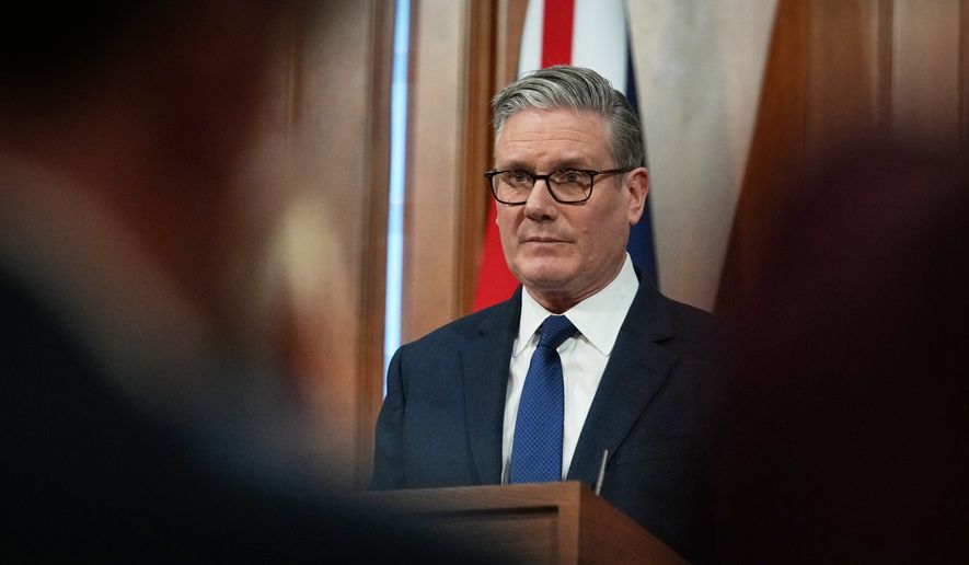 Britain's Prime Minister Keir Starmer speaks during a press conference at Downing Street in London, Wednesday, April 1, 2026. (AP Photo/Frank Augstein, Pool)