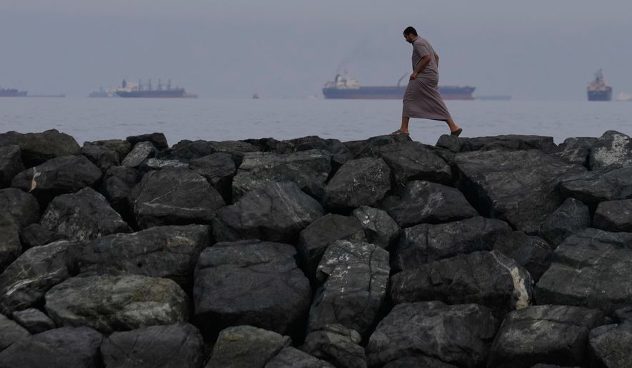 A man walks along the shore as oil tankers and cargo ships line up in the Strait of Hormuz, seen from Khor Fakkan, United Arab Emirates, March 11, 2026. (AP Photo/Altaf Qadri, File)