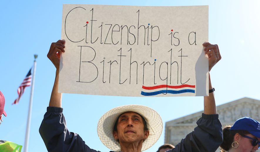 Demonstrators rally outside the U.S. Supreme Court as justices hear oral arguments on whether President Donald Trump can deny citizenship to children born to parents who are in the United States illegally or temporarily, on Capitol Hill in Washington, Wednesday, April 1, 2026. (AP Photo/Tom Brenner) ** FILE **