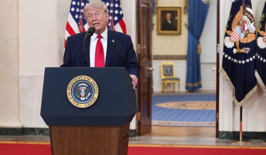 President Donald Trump speaks about the Iran war from the Cross Hall of the White House on Wednesday, April 1, 2026, in Washington. (Doug Mills/The New York Times via AP Pool)