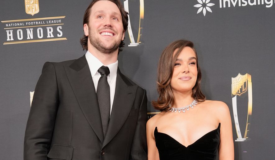 FILE - Josh Allen, of the Buffalo Bills, and Hailee Steinfeld appear at the NFL Honors award show ahead of the Super Bowl 59 football game in New Orleans on Feb. 6, 2025. (AP Photo/Gerald Herbert, File)