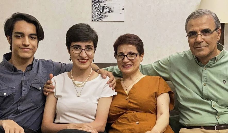 FILE - This 2023 photo provided by Mehraveh Khandan shows, from left, Nima Khandan, Mehraveh Khandan, Nasrin Sotoudeh and Reza Khandan in their home in Tehran. (Courtesy Mehraveh Khandan via AP, File)