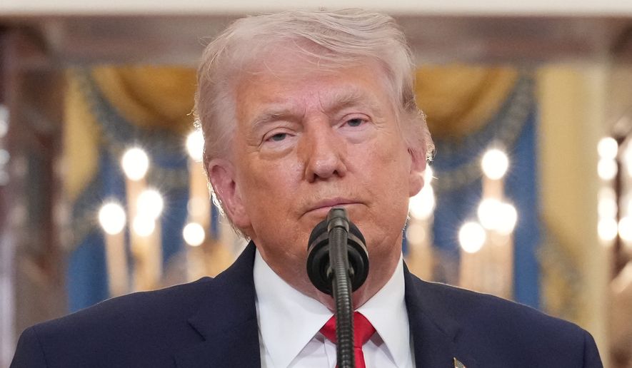President Donald Trump speaks about the Iran war from the Cross Hall of the White House on Wednesday, April 1, 2026, in Washington. (AP Photo/Alex Brandon, Pool)