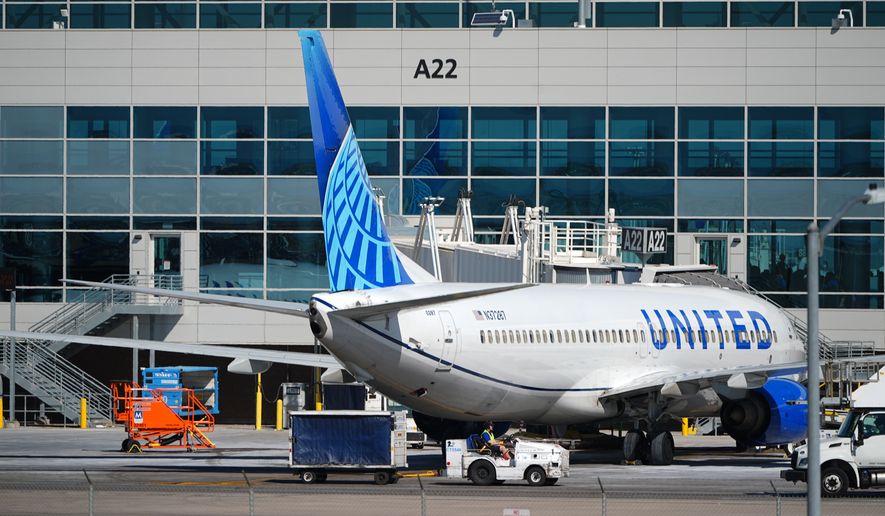 A United Airlines jetliner sits at a gate along the A concourse of Denver International Airport, March 20, 2026, in Denver. (AP Photo/David Zalubowski, File)