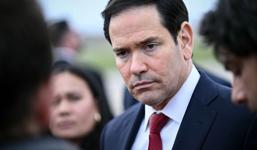 US Secretary of State Marco Rubio looks on as he speaks to the press following a G7 Foreign Ministers' meeting with Partner Countries at the Bourget airport in Le Bourget, outside Paris, Friday, March 27, 2026. (Brendan Smialowski/Pool Photo via AP)