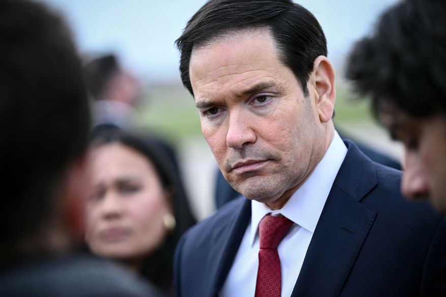 US Secretary of State Marco Rubio looks on as he speaks to the press following a G7 Foreign Ministers' meeting with Partner Countries at the Bourget airport in Le Bourget, outside Paris, Friday, March 27, 2026. (Brendan Smialowski/Pool Photo via AP)
