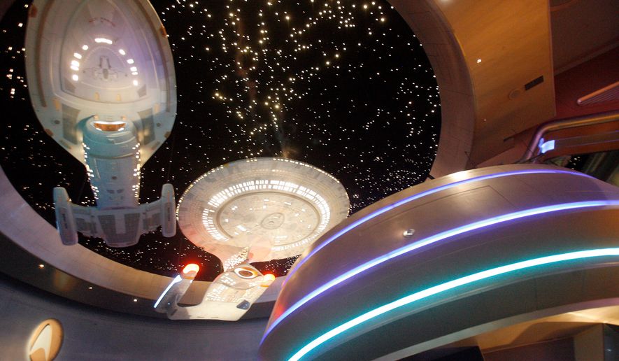 Model ships hang at the entrance to the Star Trek Experience at the Las Vegas Hilton in Las Vegas on Aug. 25, 2008. (AP Photo/Isaac Brekken, File)