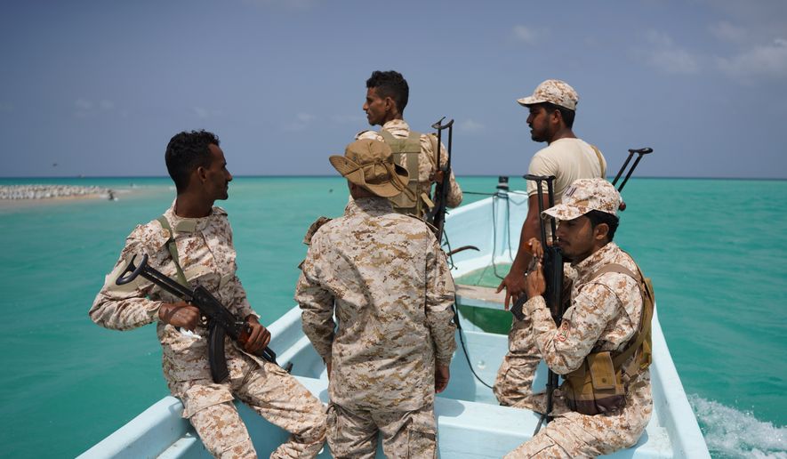 Yemeni soldiers patrol the strategic Bab el-Mandeb Strait, Yemen, Sunday, April 5, 2026. (AP Photo/Abdulnasser Alseddik) ** FILE **