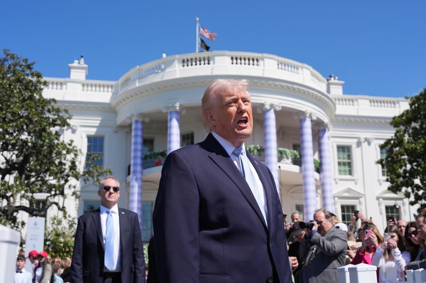 President Donald Trump participates in the White House Easter Egg Roll on the South Lawn of the White House, Monday, April 6, 2026, in Washington. (AP Photo/Alex Brandon) ** FILE **