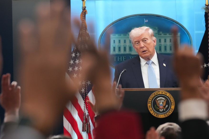 President Donald Trump speaks with reporters during a news conference in the James Brady Press Briefing Room at the White House, Monday, April 6, 2026, in Washington. (AP Photo/Mark Schiefelbein) **FILE**