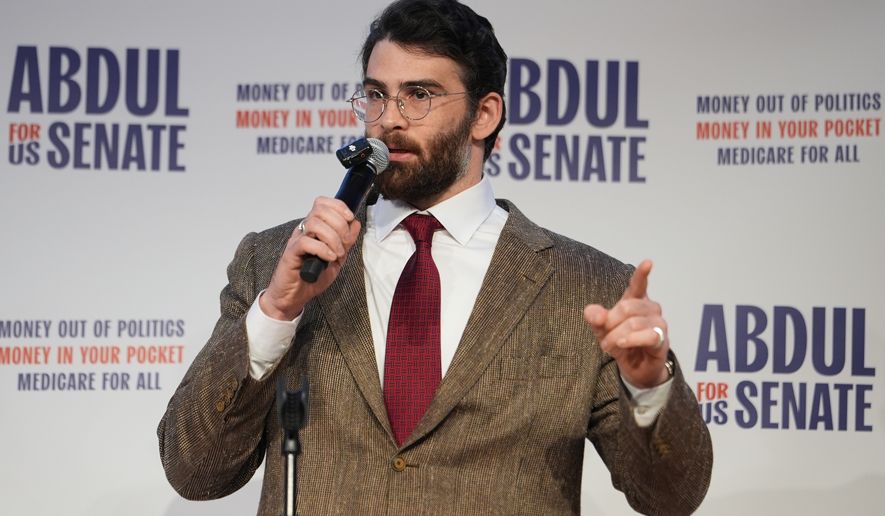 Hasan Piker speaks at a campaign rally for Abdul El-Sayed, a progressive candidate in the Democratic primary for U.S. Senate in Michigan at the University of Michigan in Ann Arbor, Mich., on Tuesday, April 7, 2026. (AP photo/Julia Demaree Nikhinson) **FILE**