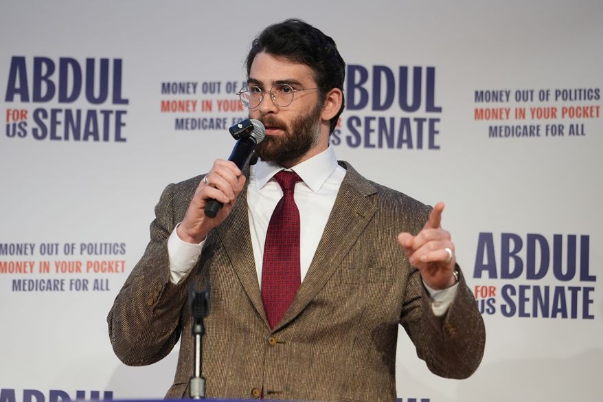 Hasan Piker speaks at a campaign rally for Abdul El-Sayed, a progressive candidate in the Democratic primary for U.S. Senate in Michigan at the University of Michigan in Ann Arbor, Mich., on Tuesday, April 7, 2026. (AP photo/Julia Demaree Nikhinson) **FILE**