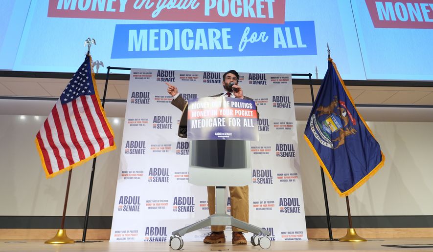 Hasan Piker speaks at a campaign rally for Abdul El-Sayed, a progressive candidate in the Democratic primary for U.S. Senate in Michigan, Tuesday, April 7, 2026, at the University of Michigan in Ann Arbor, Mich. (AP Photo/Julia Demaree Nikhinson)