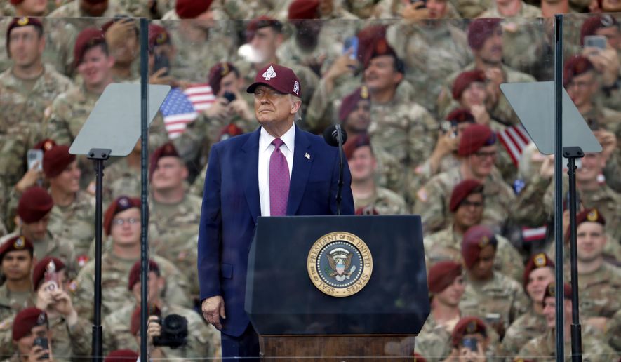 President Donald Trump prepares to speak at the America 250 celebration at Fort Bragg in Fayetteville, N.C., on Tuesday, June 10, 2025. (AP Photo/Karl DeBlaker) **FILE**