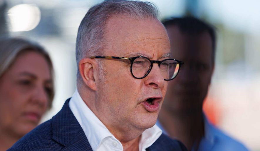 Australian Prime Minister Anthony Albanese speaks during a press conference at the Ampol Lytton Refinery, in Brisbane, Thursday, April 9, 2026. (Russell Freeman/AAP Image via AP)