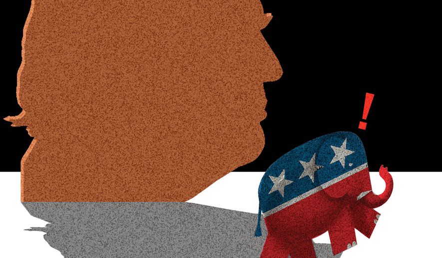 President Donald Trump, campaign promises and the Republican Party illustration by Alexander Hunter/The Washington Times