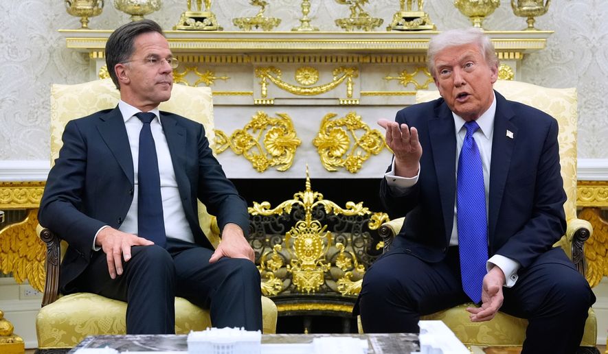 President Donald Trump meets with NATO Secretary-General Mark Rutte in the Oval Office of the White House, Oct. 22, 2025, in Washington. (AP Photo/Alex Brandon, File)