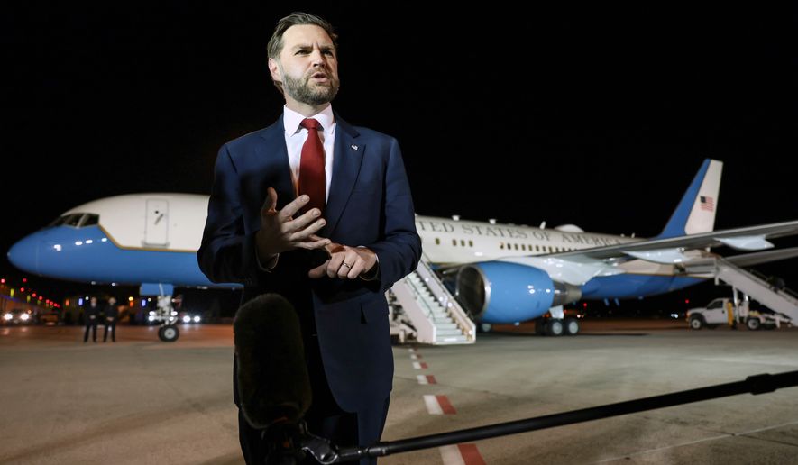 Vice President J.D. Vance speaks to reporters before boarding Air Force Two to return to Washington, at Budapest Ferenc Liszt International Airport in Budapest, Hungary, Wednesday, April 8, 2026. (Jonathan Ernst/Pool via AP)