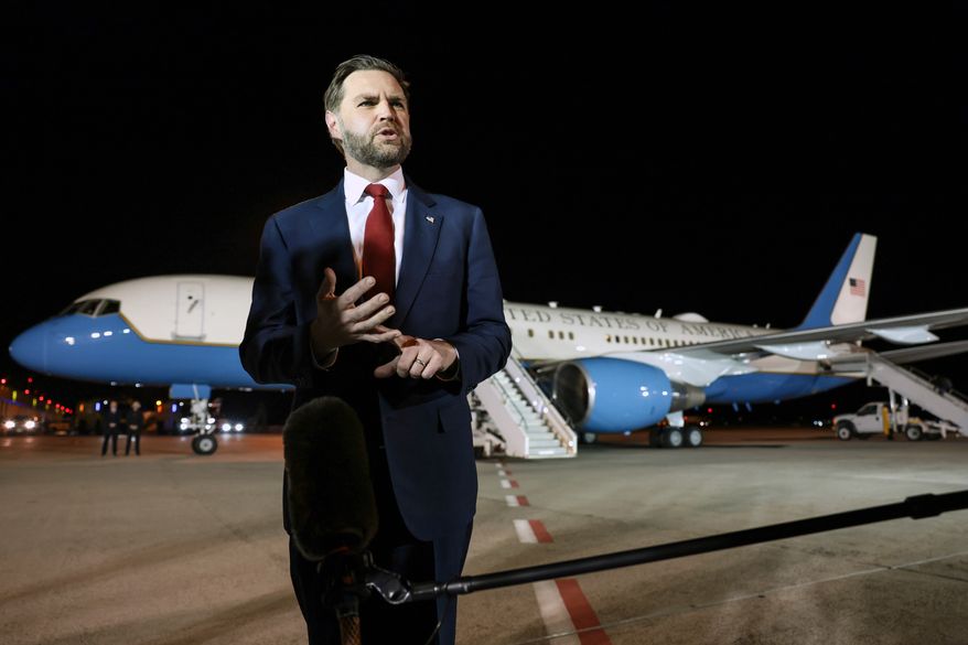Vice President J.D. Vance speaks to reporters before boarding Air Force Two to return to Washington, at Budapest Ferenc Liszt International Airport in Budapest, Hungary, Wednesday, April 8, 2026. (Jonathan Ernst/Pool via AP)