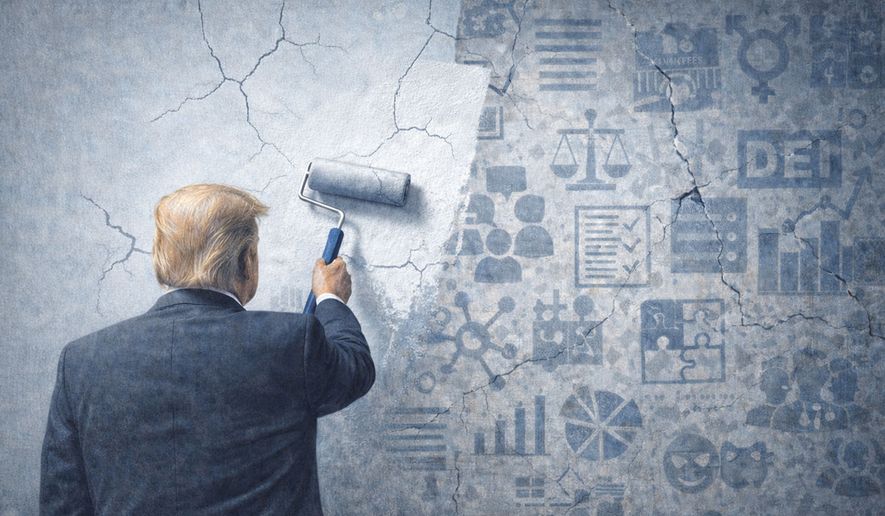 President Donald Trump removing diversity, equity and inclusion (DEI) policies from the federal government Illustration generated by ChatGPT for The Washington Times