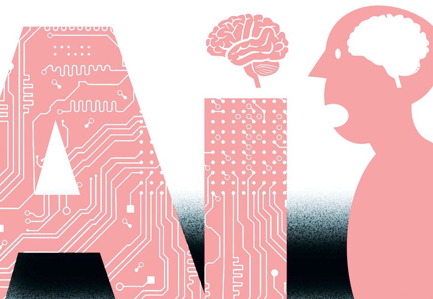 Smarter artificial intelligence (AI) and a dumber human race illustration by Alexander Hunter/The Washington Times