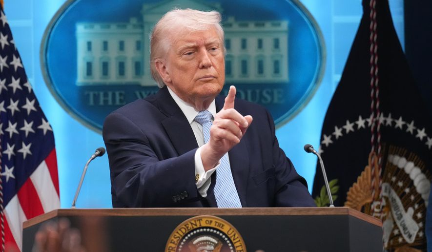 President Donald Trump speaks with reporters during a news conference in the James Brady Press Briefing Room at the White House, Monday, April 6, 2026, in Washington. (AP Photo/Mark Schiefelbein)