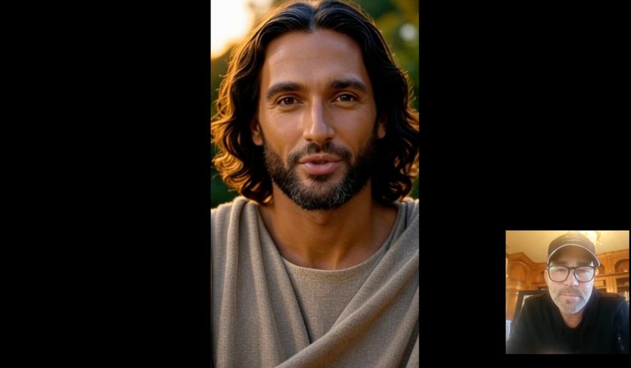 In this image from video provided by Just Like Me in April 2026, the company's co-founder and investor Jeff Tinsley, bottom right, interacts with an AI-generated Jesus. (Just Like Me via AP)