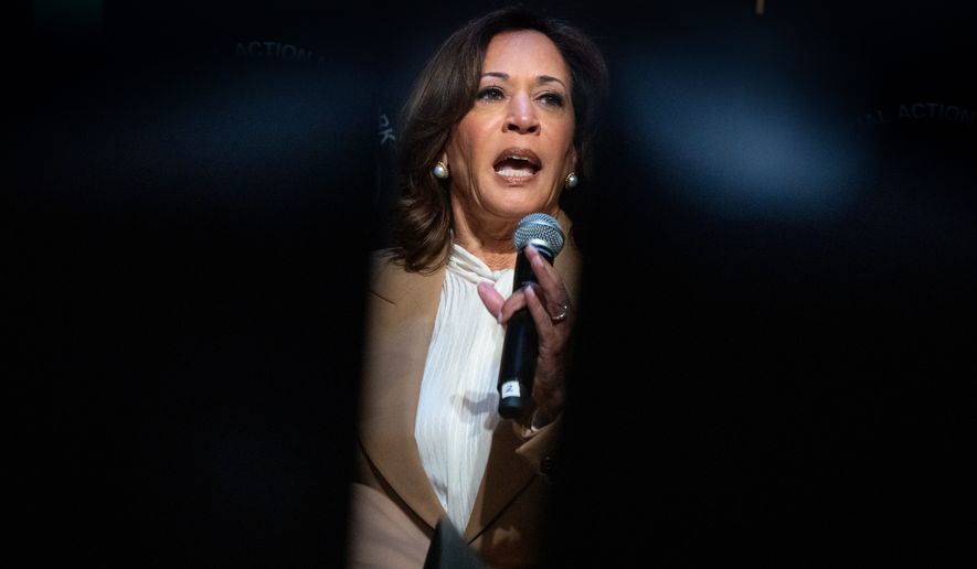Kamala Harris, former Vice President and 2024 Presidential candidate, speaks during the National Action Network (NAN) Convention in New York, Friday, April 10, 2026. (AP Photo/Angelina Katsanis)