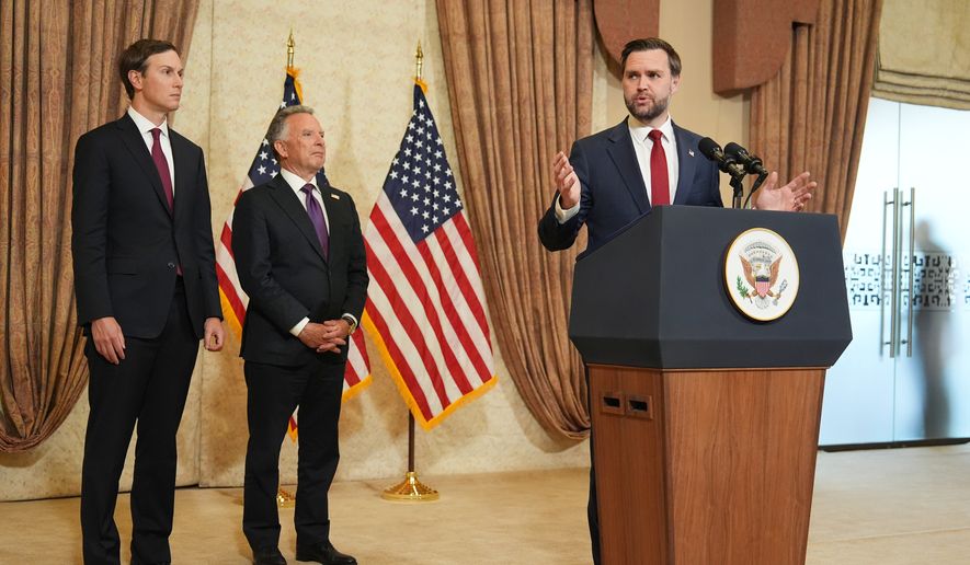 Vice President JD Vance, right, speaks during a news conference after meeting with representatives from Pakistan and Iran as Jared Kushner, left, and Steve Witkoff, Special Envoy for Peace Missions listen, on Sunday, April 12, 2026, in Islamabad, Pakistan. (AP Photo/Jacquelyn Martin, Pool)
