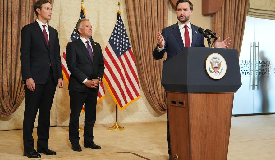 Vice President JD Vance, right, speaks during a news conference after meeting with representatives from Pakistan and Iran as Jared Kushner, left, and Steve Witkoff, Special Envoy for Peace Missions listen, on Sunday, April 12, 2026, in Islamabad, Pakistan. (AP Photo/Jacquelyn Martin, Pool)