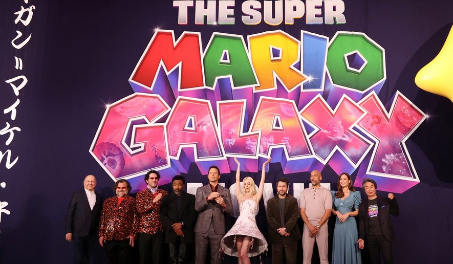 Jack Black, from second left, Benny Safdie, Donald Glover, Chris Pratt, Anya Taylor-Joy, Charlie Day, Keegan Michael Key and Brie Larson pose for photographers at the World premiere of the film "The Super Mario Galaxy Movie" in Kyoto Japan, Saturday, March 28, 2026. (AP Photo/Rodrigo Reyes) ** FILE **